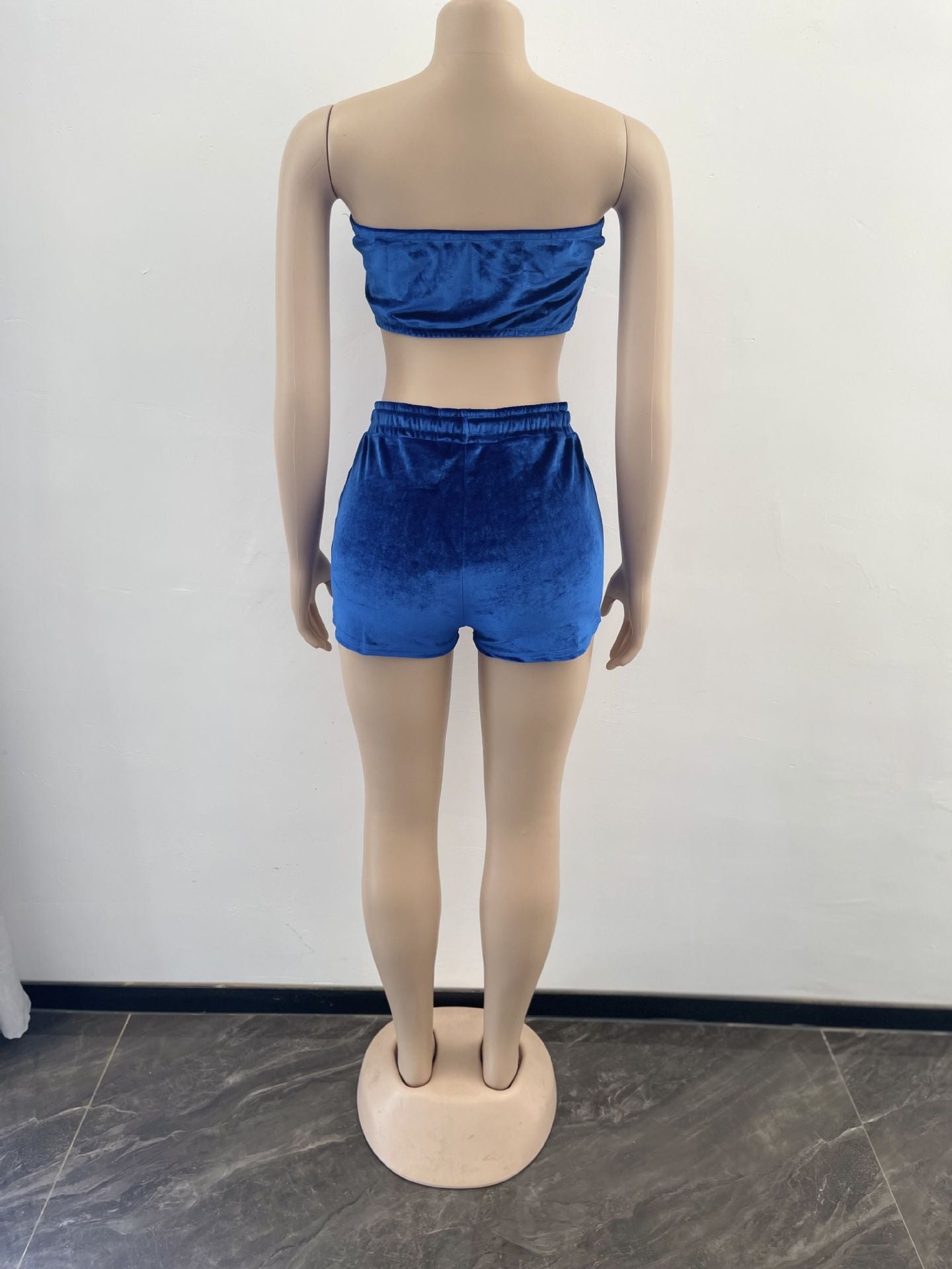 Women's Fashion Short SleeveVelvet Strapless Two Piece Shorts Set 16