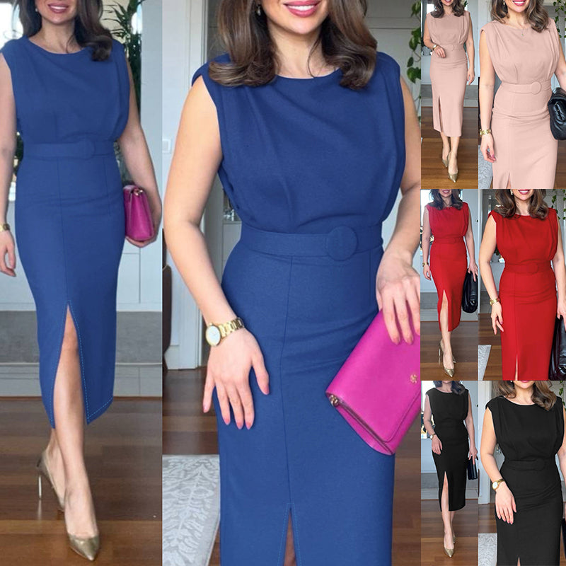 Women sleeveless career dress with pleated shoulders and slits 8