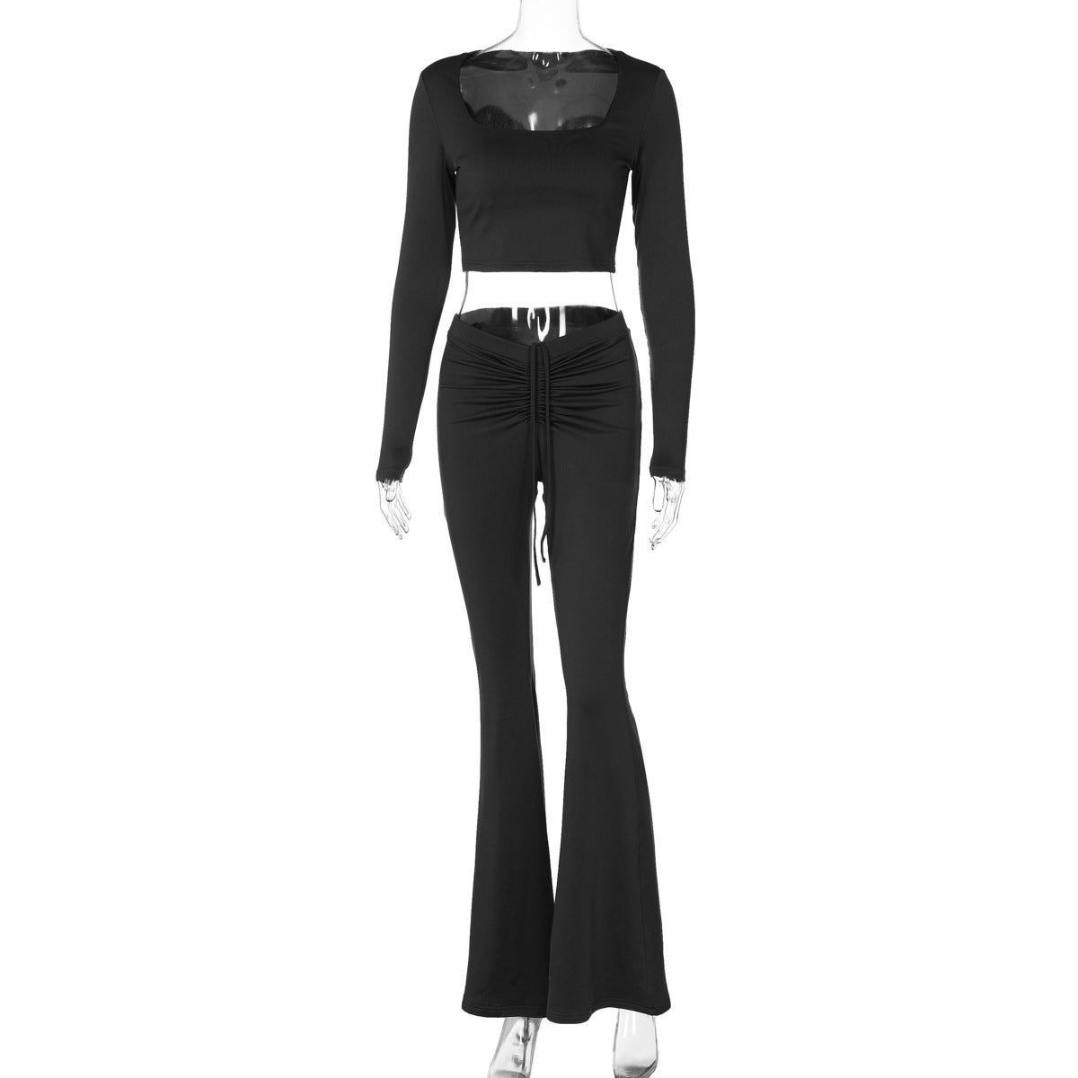 Winter Fashion Solid Color Long Sleeve Top Drawstring Pleated Bell Bottom Pants Women Two Piece Set 11