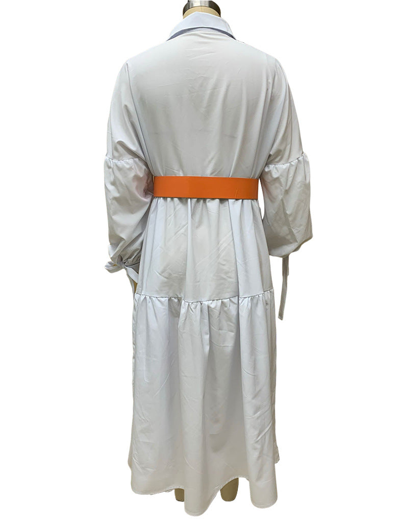 Spring Women's Fashion Chic Turndown Collar Long Sleeve Casual Midi Dress 10