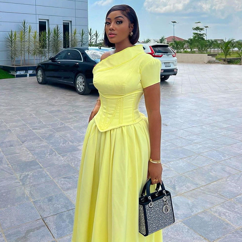 Women African Autumn and Winter Solid Slash Shoulder Short Sleeve Maxi Dress