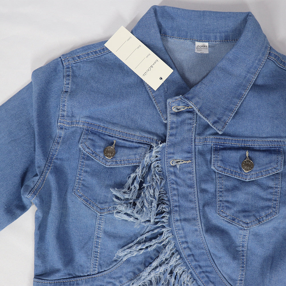 Women Denim Casual Stretchy Tassel Top and Skirt Two-Piece Set 15