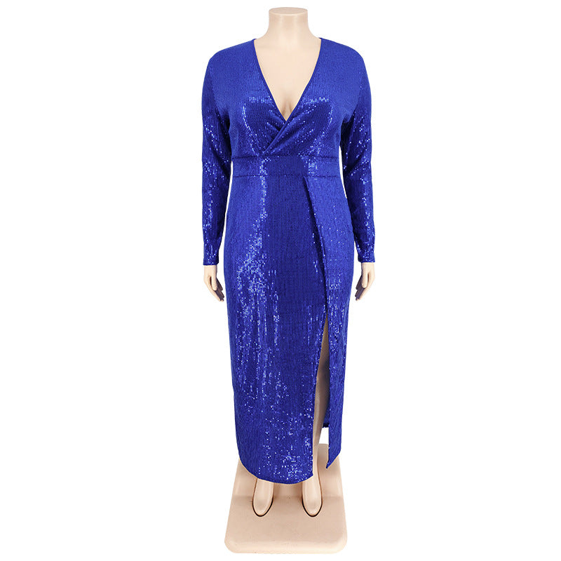 Plus Size Autumn Women's Velvet Bottom Embroidered Sequin Dress 17
