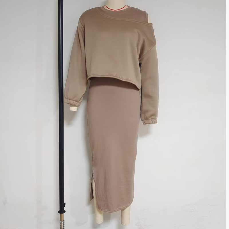 Autumn Loose Off Shoulder Bat Sleeves Top Long Skirt Two Piece Set For Women 19