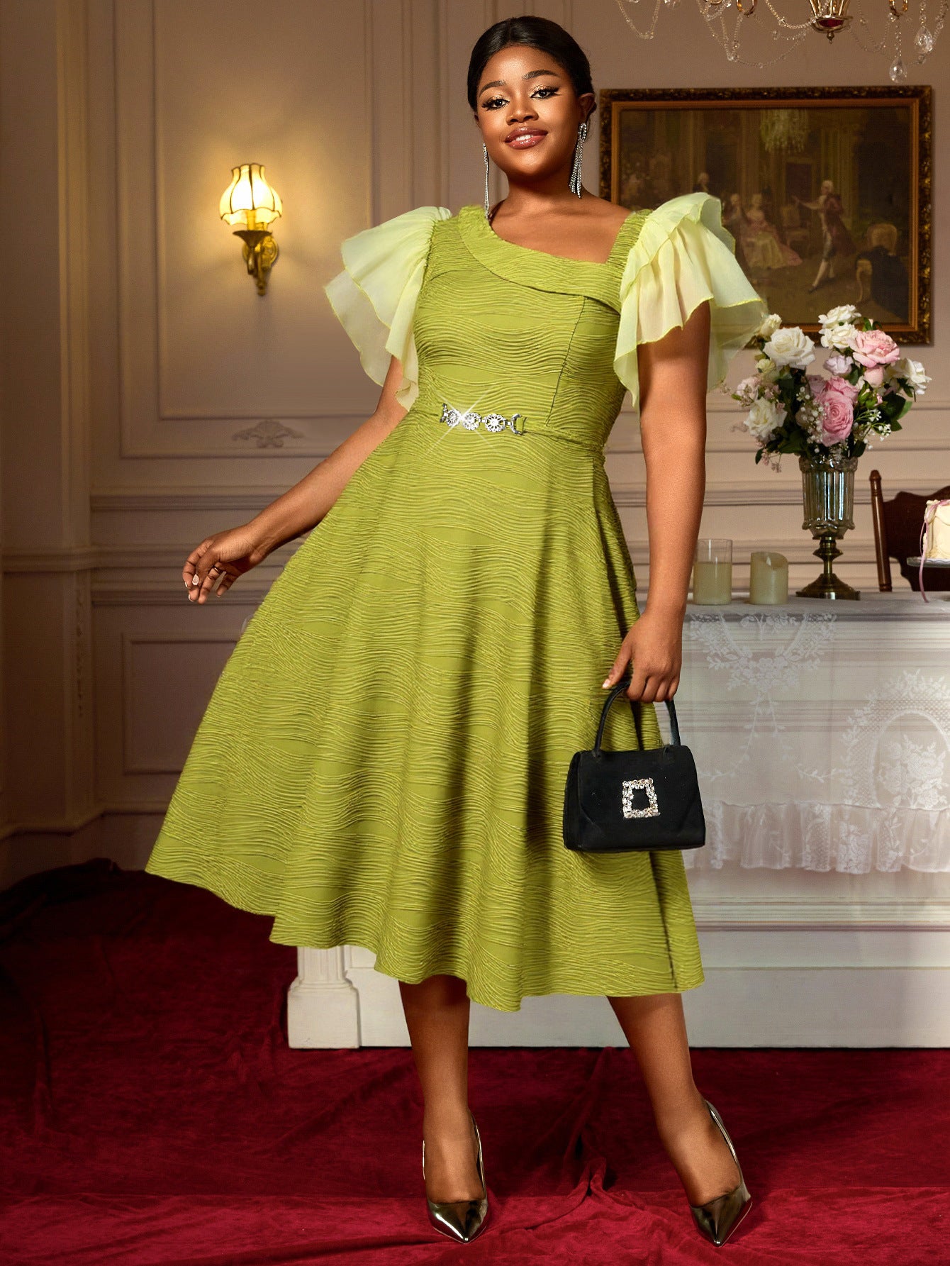 Elegant Slash Shoulder Mesh Flutter Sleeve Mid-Length Dress Slim Waist A-Line Party Dress Dresses 4