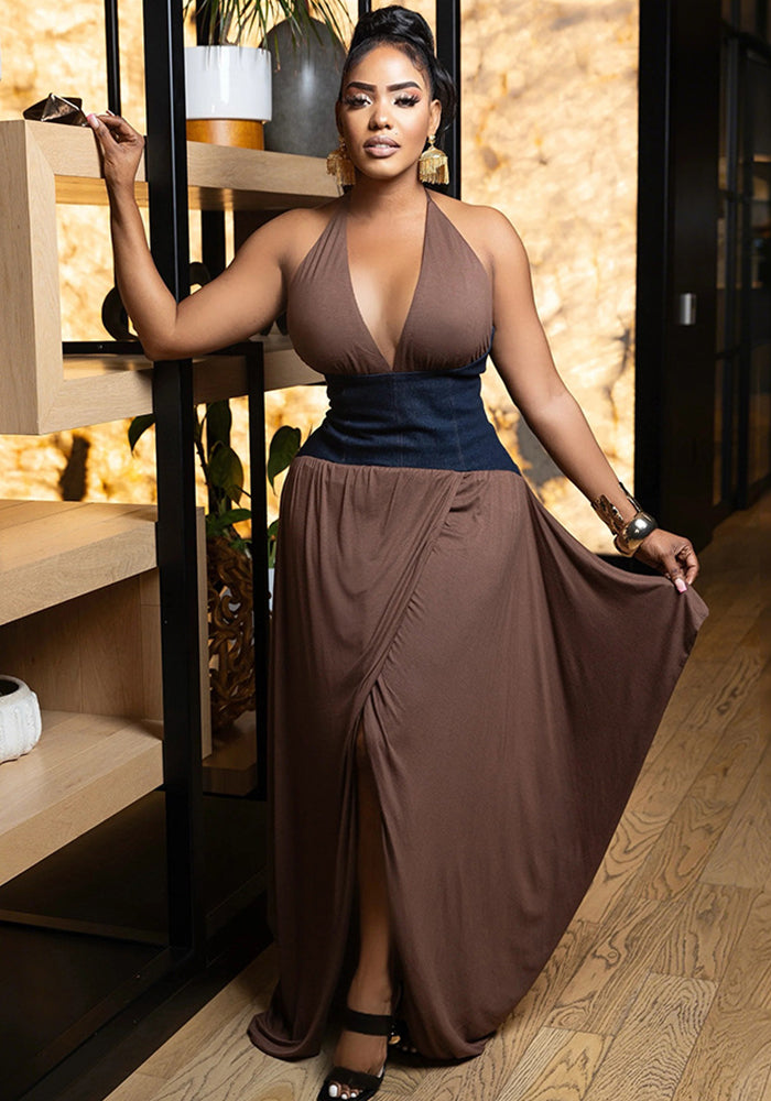 Women Slit Irregular Patchwork V-neck Dress