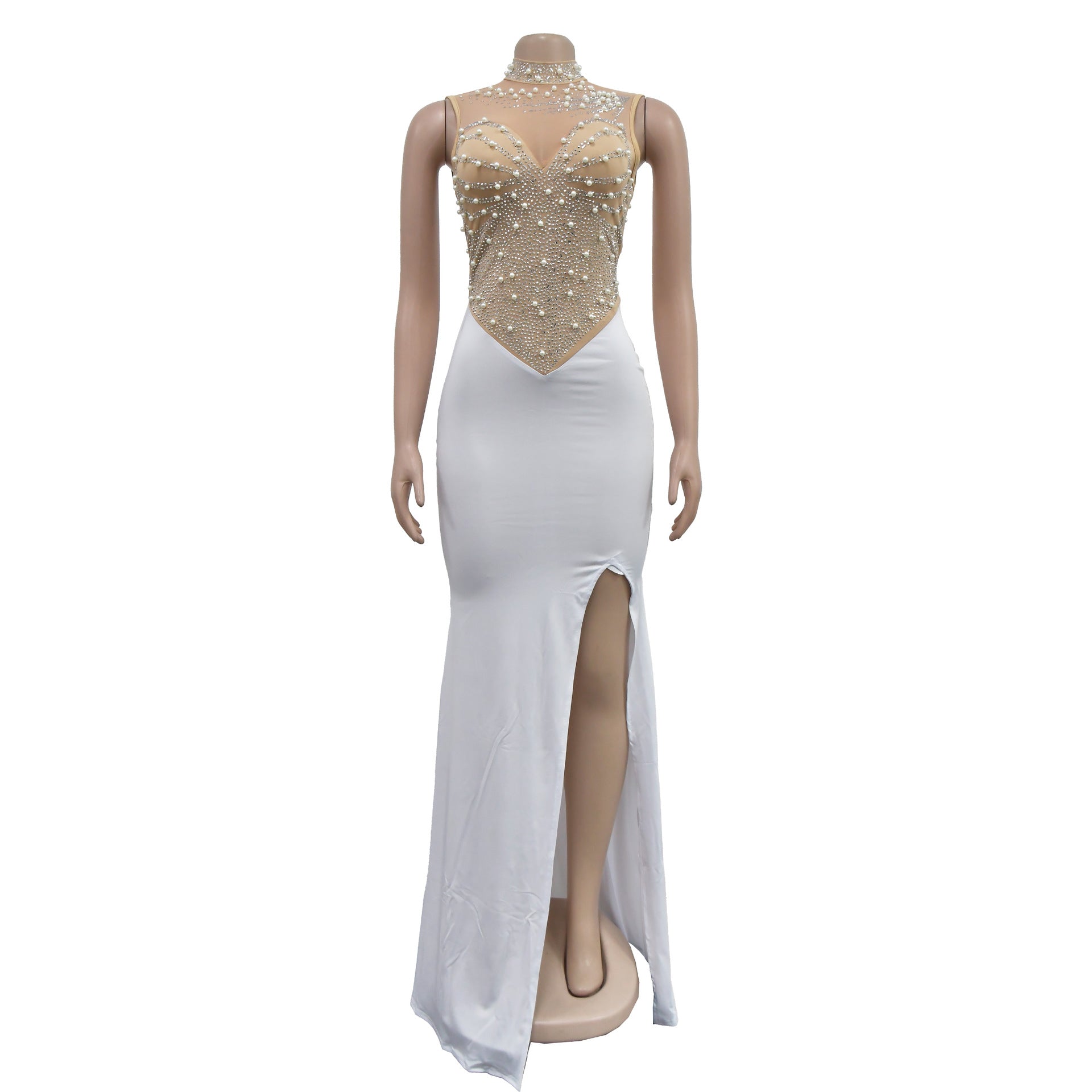 Fashion Women's Solid Color Beaded Mesh Sleeveless Long Dress 30