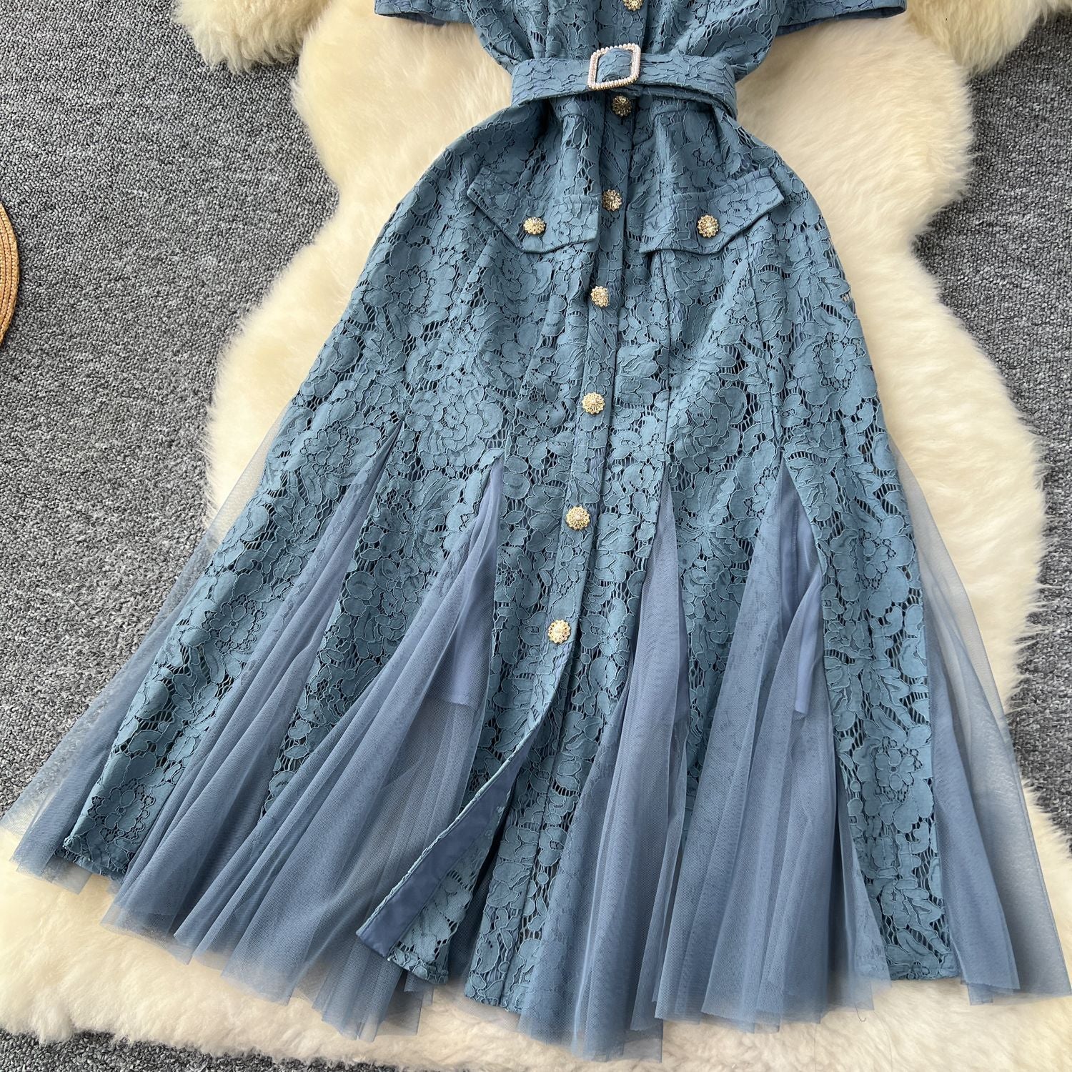 Women French V-Neck Metal Buttoned Mesh Patchwork Lace Ruffle Dress 22