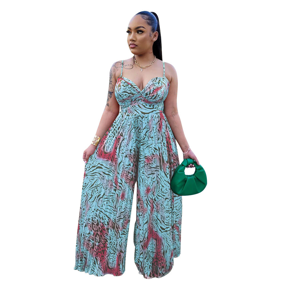 Ladies Fashion Printed Strap Pleated Jumpsuit 12