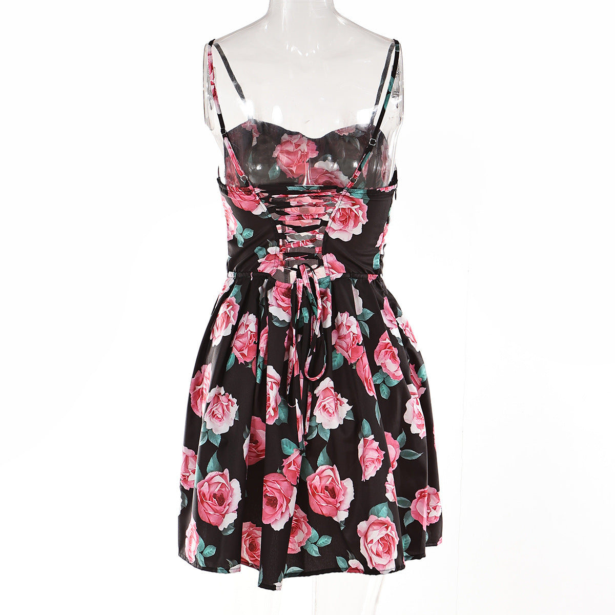 Women French rose print sexy pleated Strap Dress 6