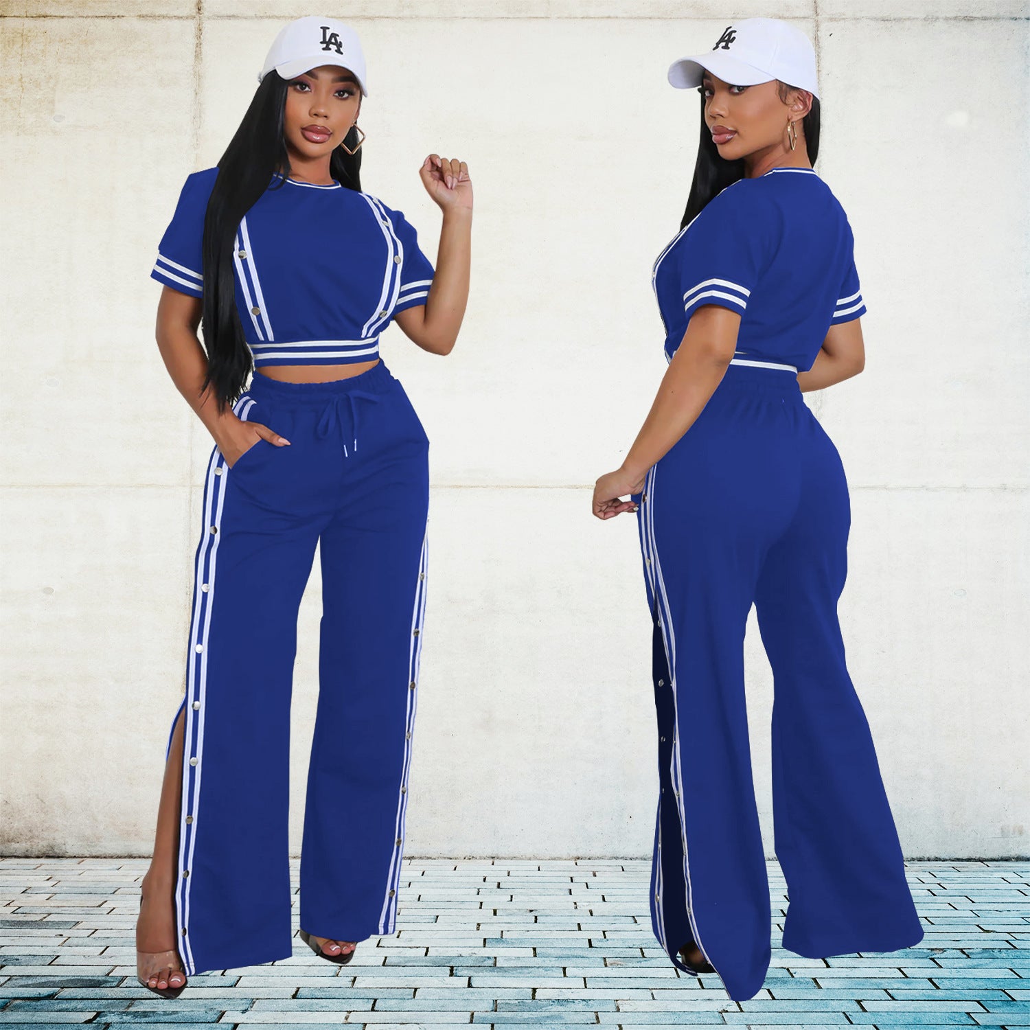 Spring Trendy Wide-Leg Loose Casual Trousers Short Sleeve Crop Top Two-Piece Set 3