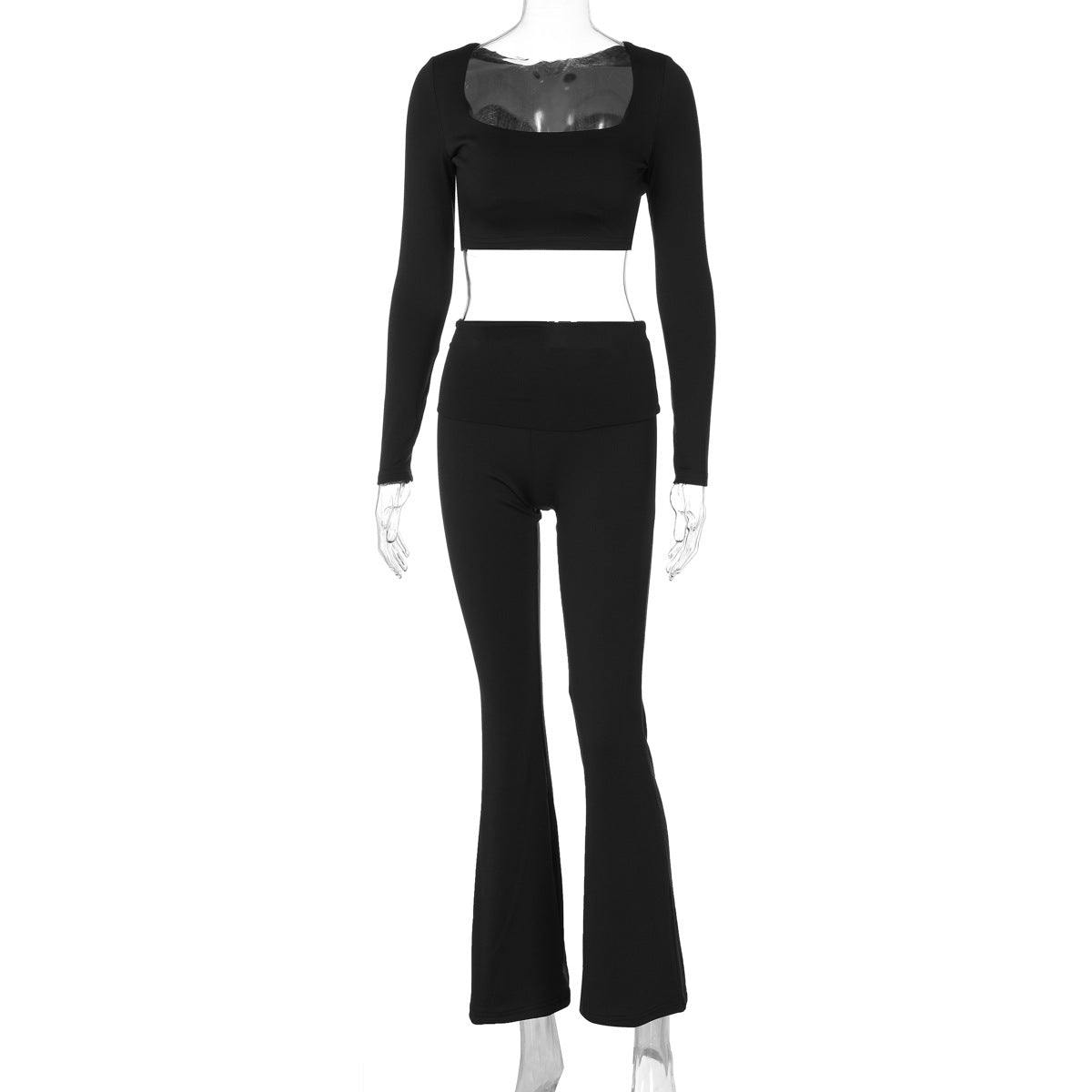 Women Solid Long Sleeve Square Neck Top and Bell Bottom Long Pants Casual Two-piece Set 5