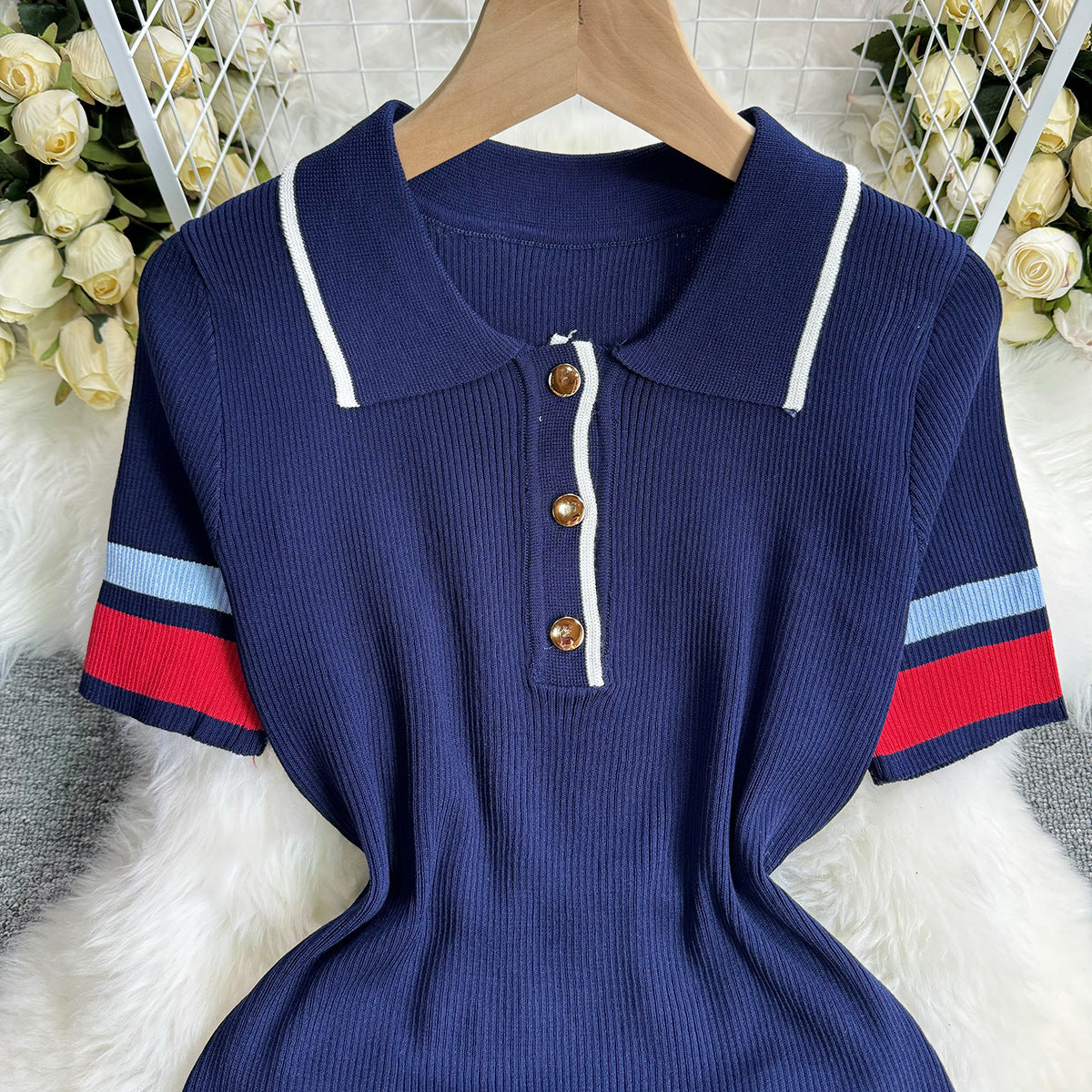 Women Summer Casual Polo Neck Colorblock Short Sleeve Knitting Dress 4