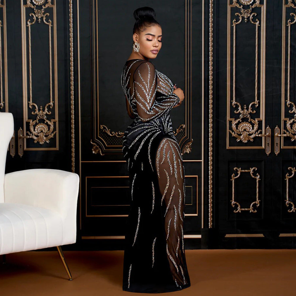 Women Beaded Sexy See-Through Mesh Patchwork Velvet Party Maxi Dress 5