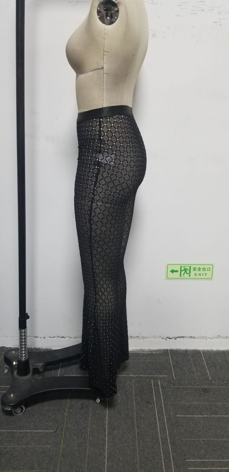 See-Through Rhinestone Mesh Sexy Trousers Women Nightclub High Waist Flared Pants 6