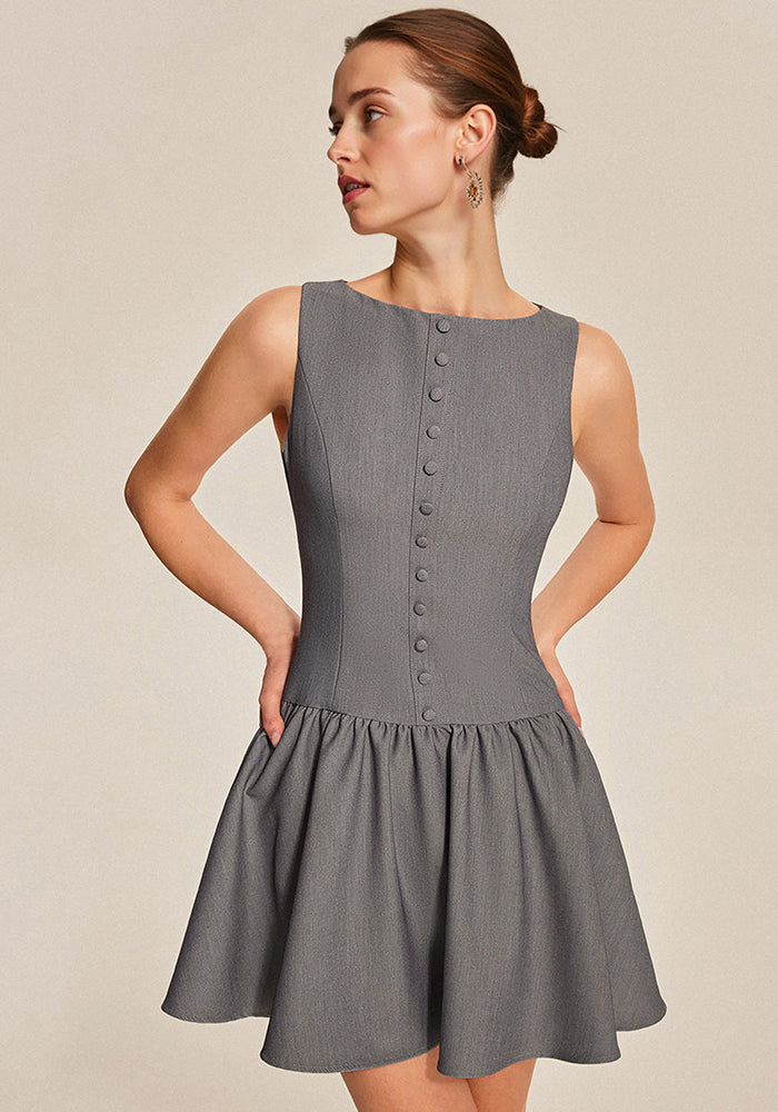 Women summer sleeveless Casual button ruffle elegant mini dress