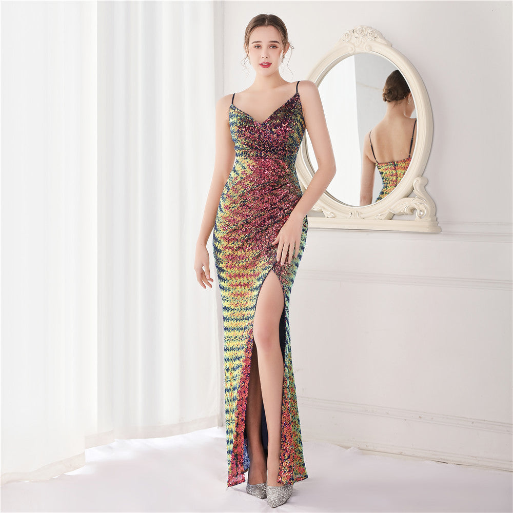 Spring Formal Sequins Strap Slit Mermaid Evening Dress 7