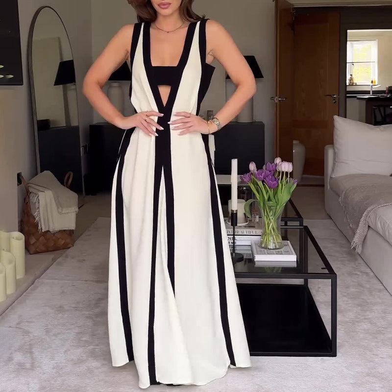 Summer Fashion Contrast Color Sleeveless V-Neck Sexy Strap Maxi Dress 4