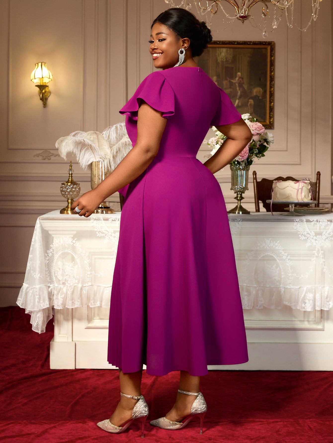 Plus Size Women Round Neck Short Sleeve Irregular Ruffle Elegant Dress 9