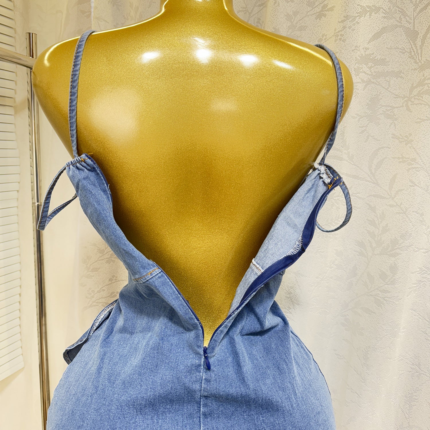 Women's Summer Elastic Slim Waist Sexy Denim Strap Ruffled Bodycon Short Dress 15