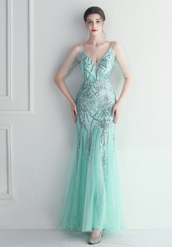 Sequins + Mesh + Beads Bridal Wedding Dinner Long Evening Dress