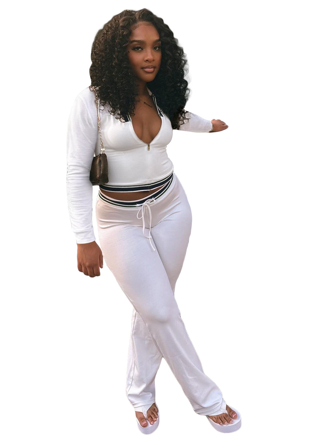 Women Turndown Collar Half-Zip Top and Drawstring Wide-Leg Pants Casual Athletic Two-Piece Set 31