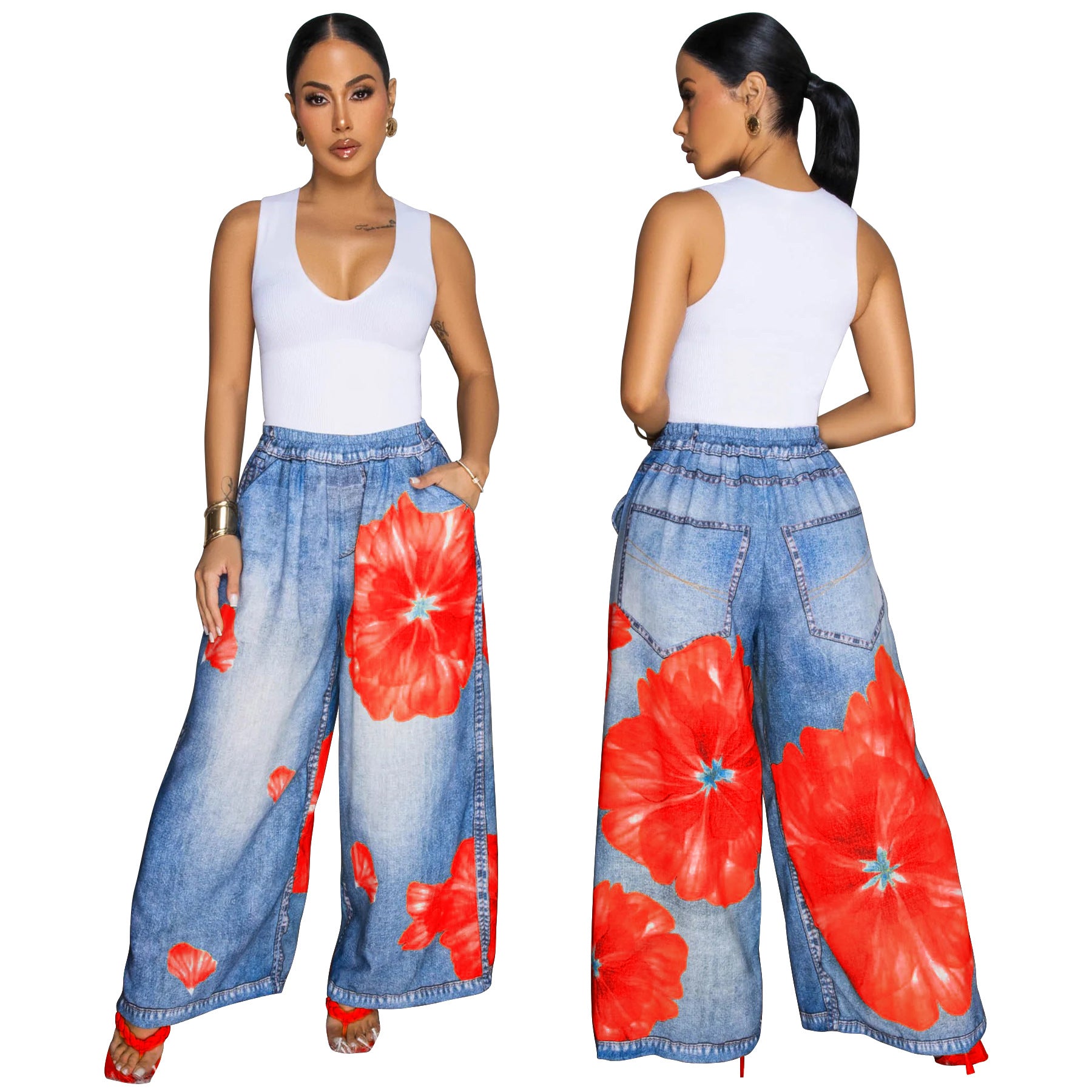 Women's print wide leg casual pants 9