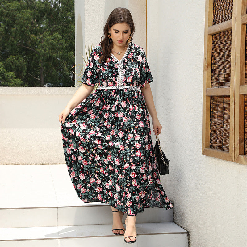 Plus Size V-Neck Floral Printed Lace Patchwork Loose Long Dress Beach Holidays Dress 5