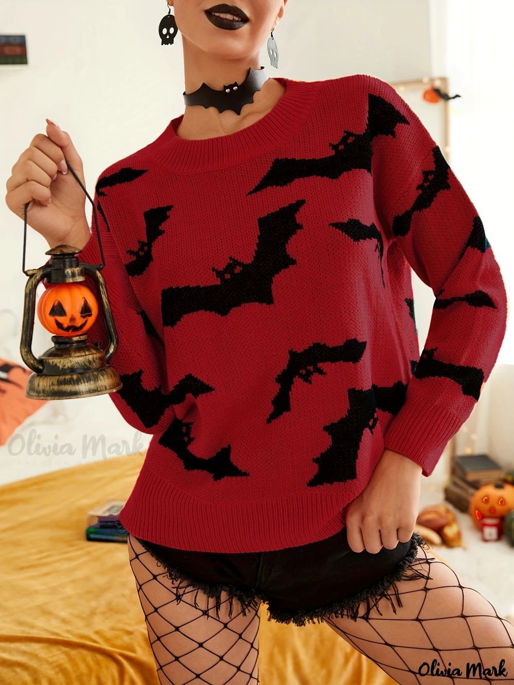 Autumn Winter Women's Long Sleeve Halloween Jacquard Knitting Sweater 9