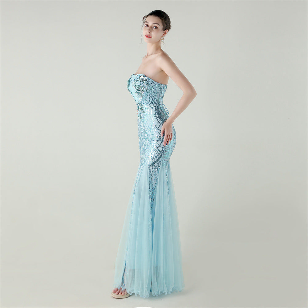 Women Strapless cross Lace-Up sequined tube flower sequined mesh evening dress Formal Party evening dress 75