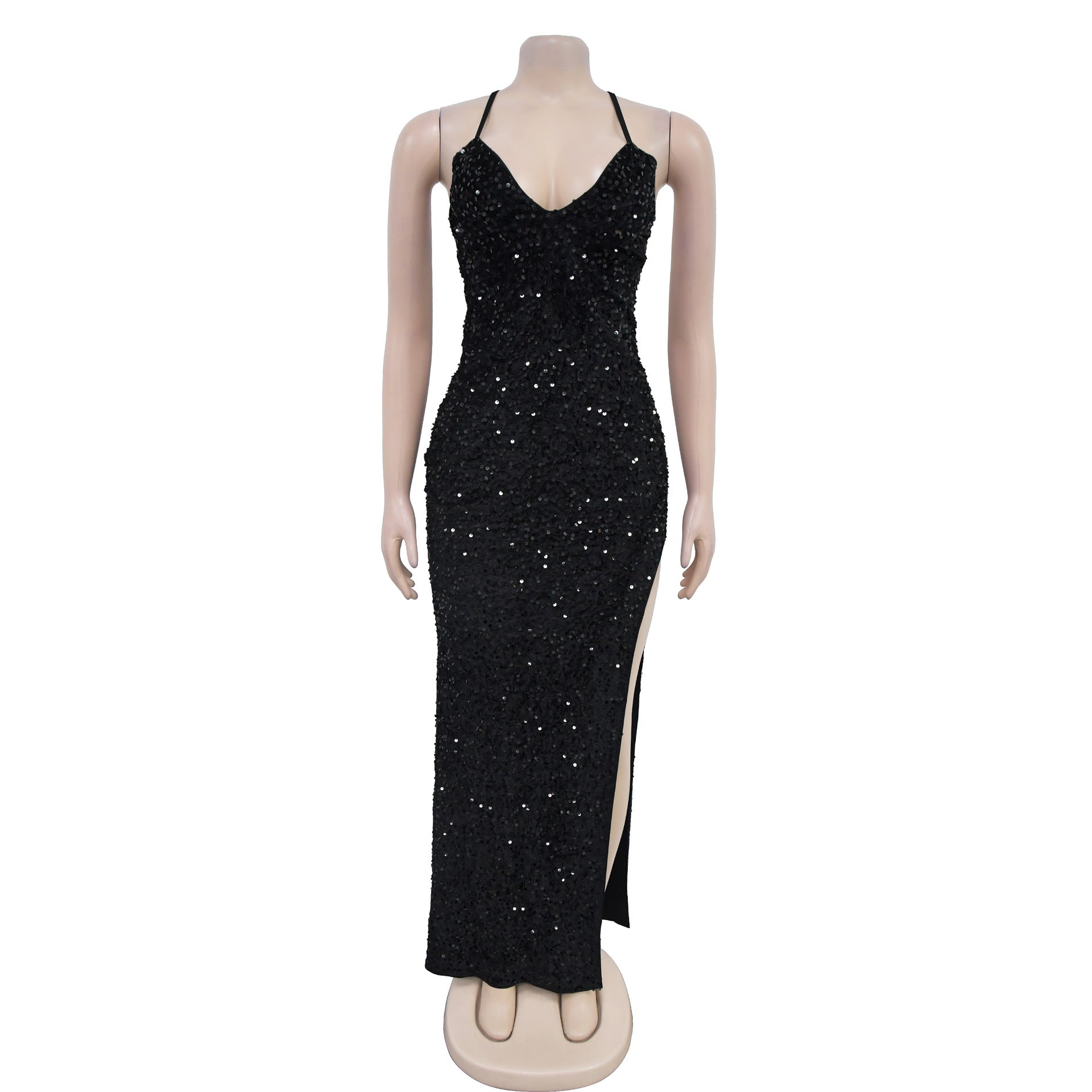 Women's Fashion Sequin Strap Backless Slit Evening Dress 10