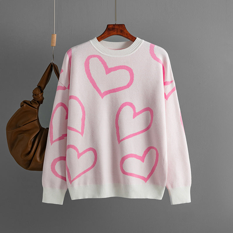 Women Round Neck Heart Print Contrast Sweater 13