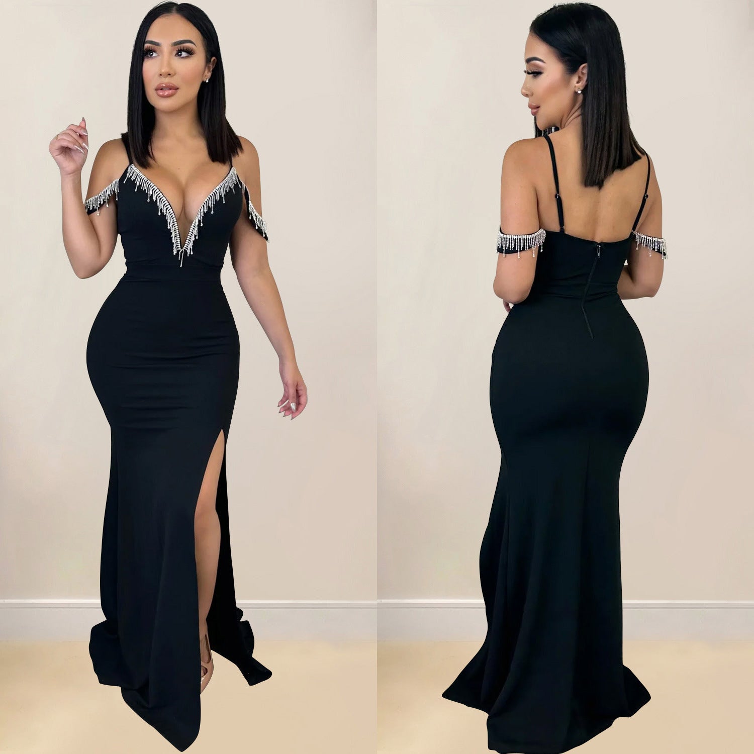 Fashion Women's Solid Color Tassel Suspender Long Dress