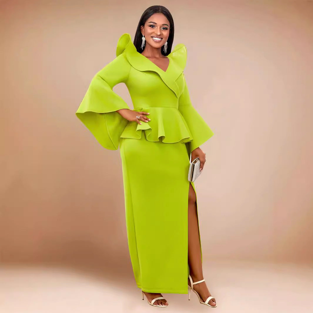 Women Ruffle Formal Party Bell Bottom Sleeve Dress 4