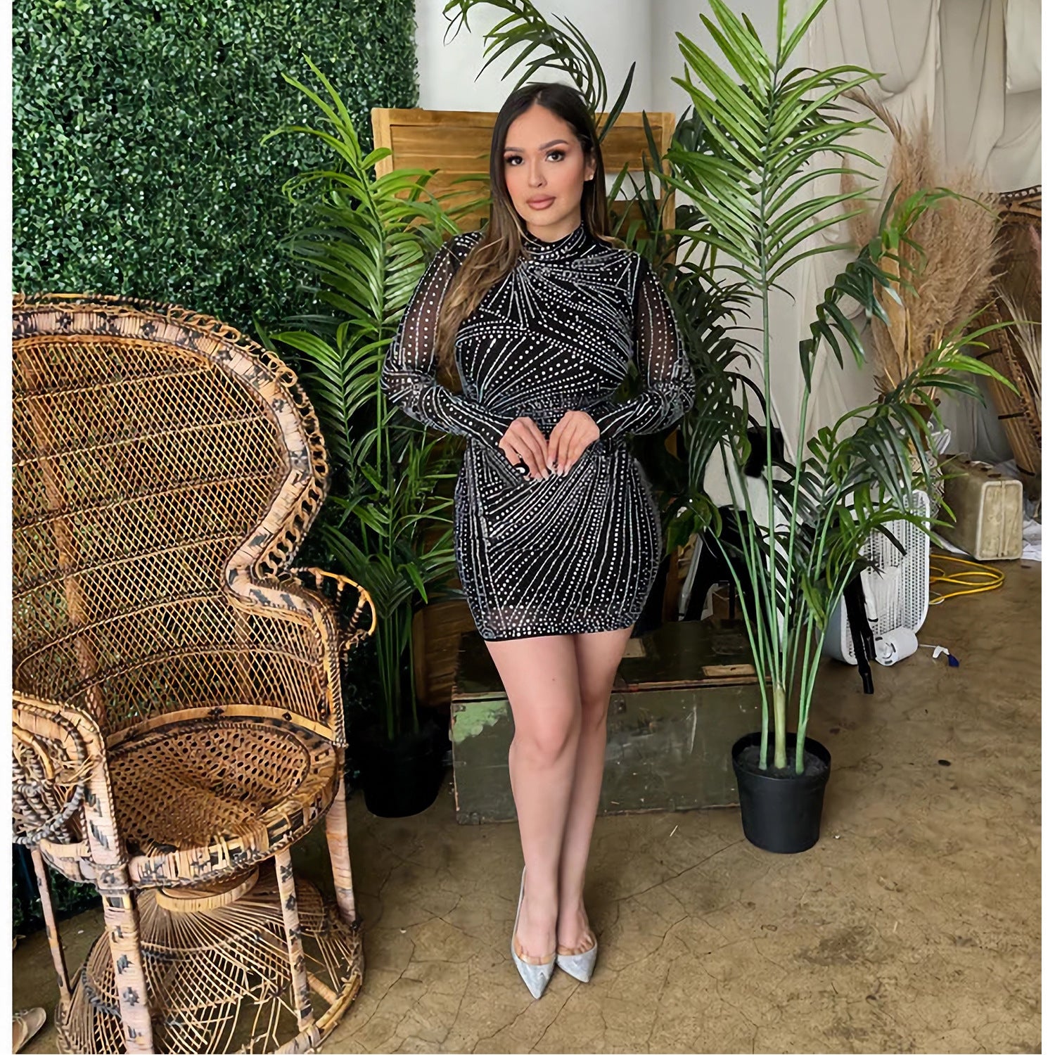 Fashionable women's Beaded Mesh Round Neck long dress（customized,MOQ 6pcs/size/color,process time 7-10 days） 5