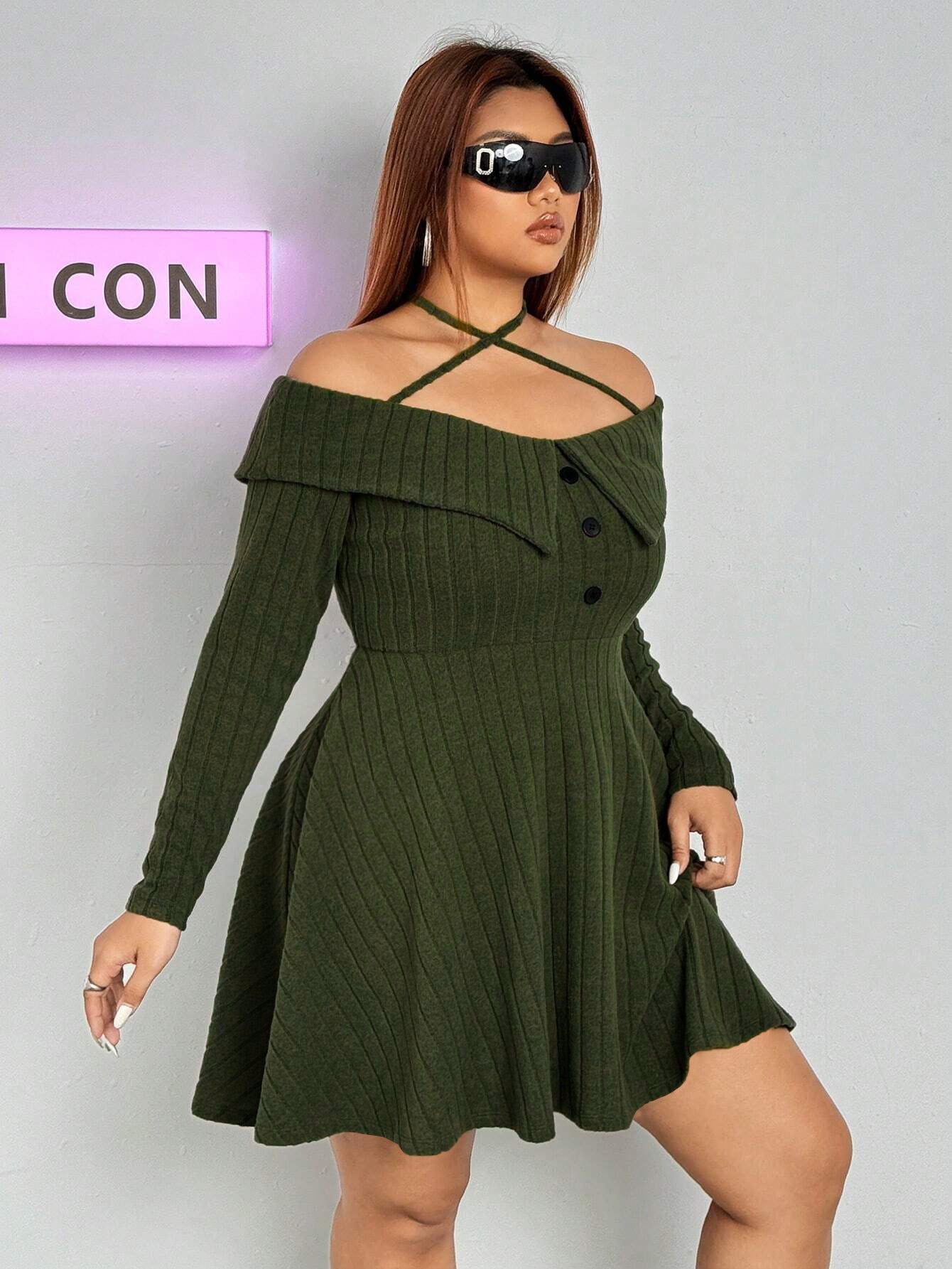 Autumn And Winter Plus Size Women's Sexy Trendy Halter Neck Off-Shoulder Short Dress 5