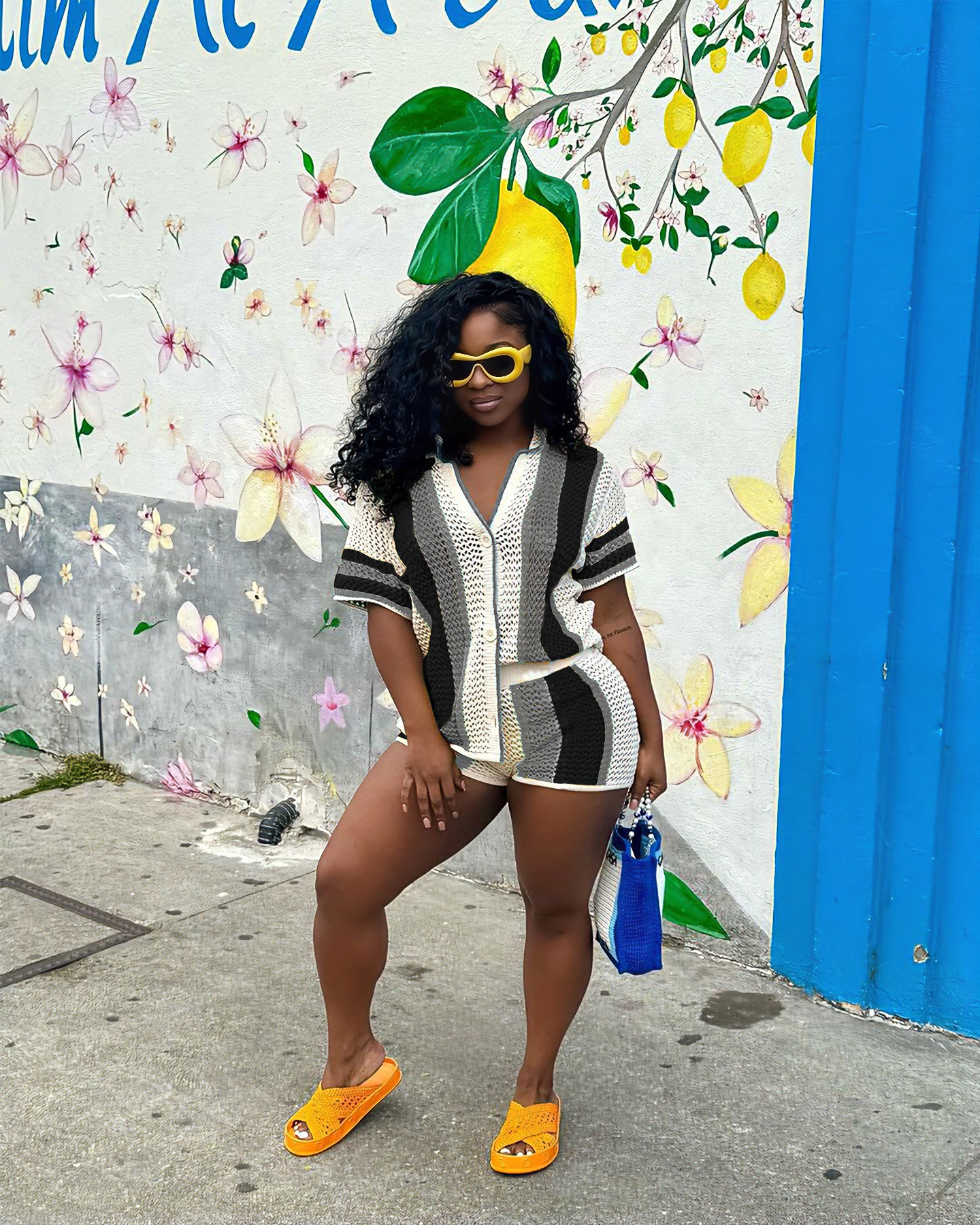 Women's Sexy Hollow See-Through Turndown Collar Knitting Two Piece Shorts Set 7