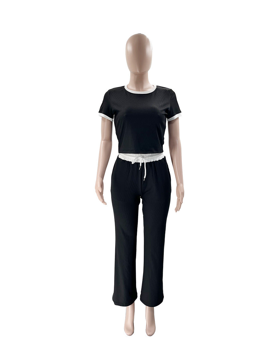 Spring Summer Style Round Neck Contrast Color Short Sleeve Top Women's Fashion Casual Wide Leg Pants Sports Two Piece Set 11
