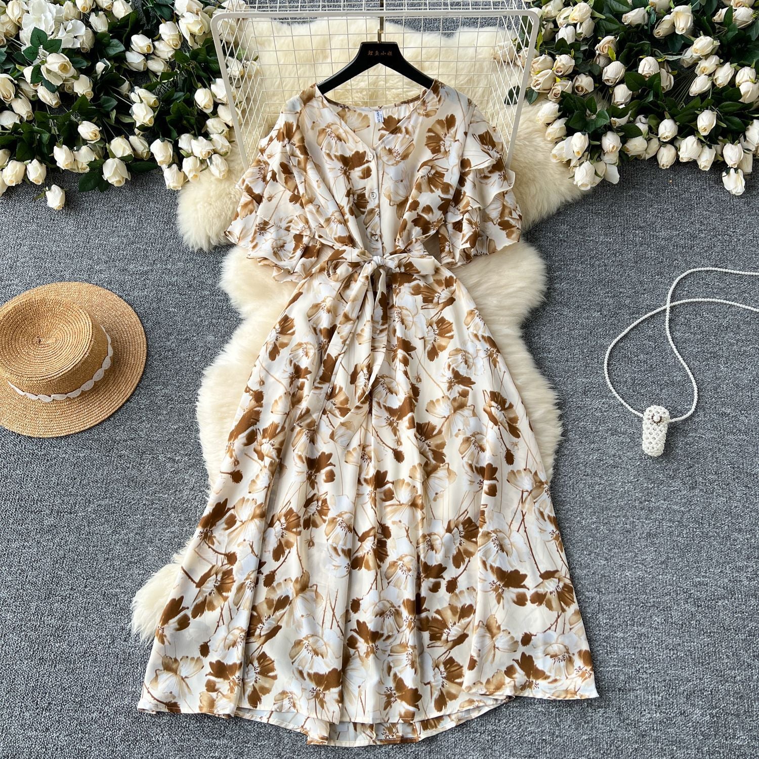 V-Neck Bell Sleeve Tie Waist A-Line Floral Dress 5