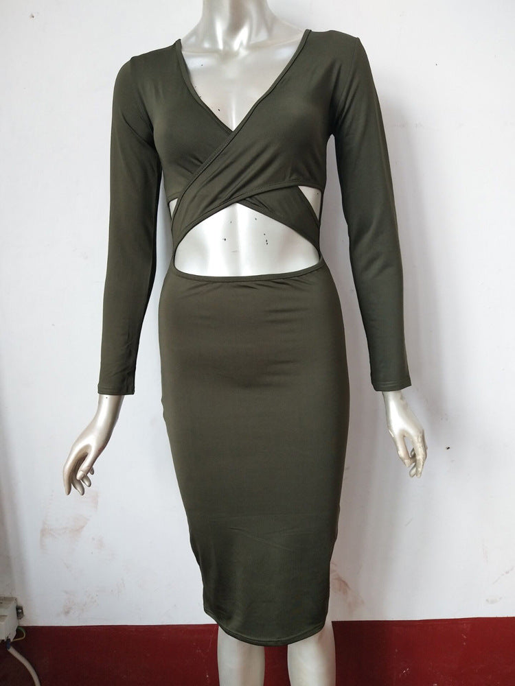 Spring Summer Style Women's Stretch Sexy Hollow V-neck Long Sleeve Nightclub Party Dress 28