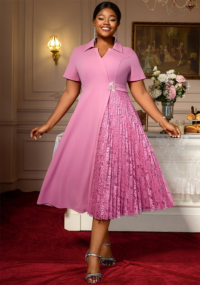 Plus-Size Women Short-Sleeved Turndown Collar Patchwork Lace Pleated Dress