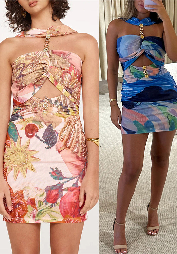 Women Spring Summer Halter Neck Stretchy Casual Holidays Printed Dress