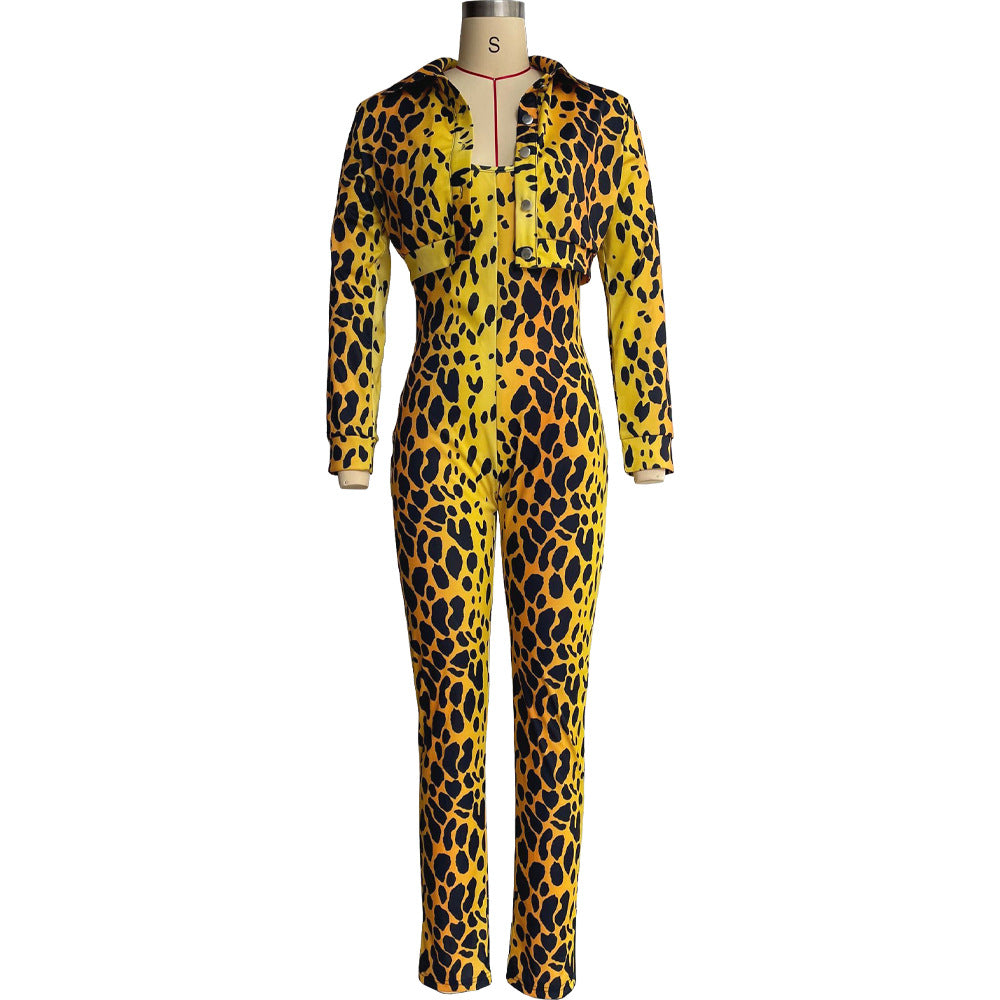 Women Casual Printed Jumpsuit and Coat Two-piece Set 11