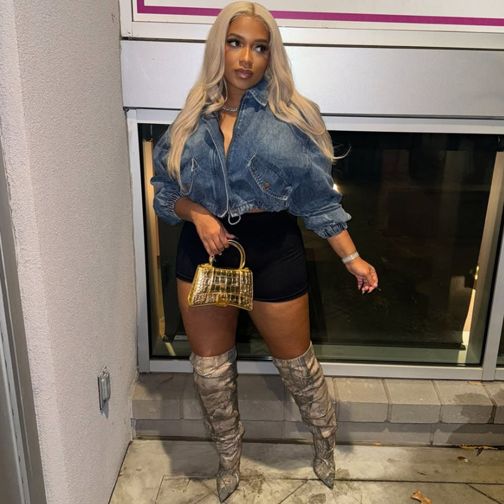 Autumn Winter Women's Fashion Street Wash Long Sleeve Drawstring Denim Jacket