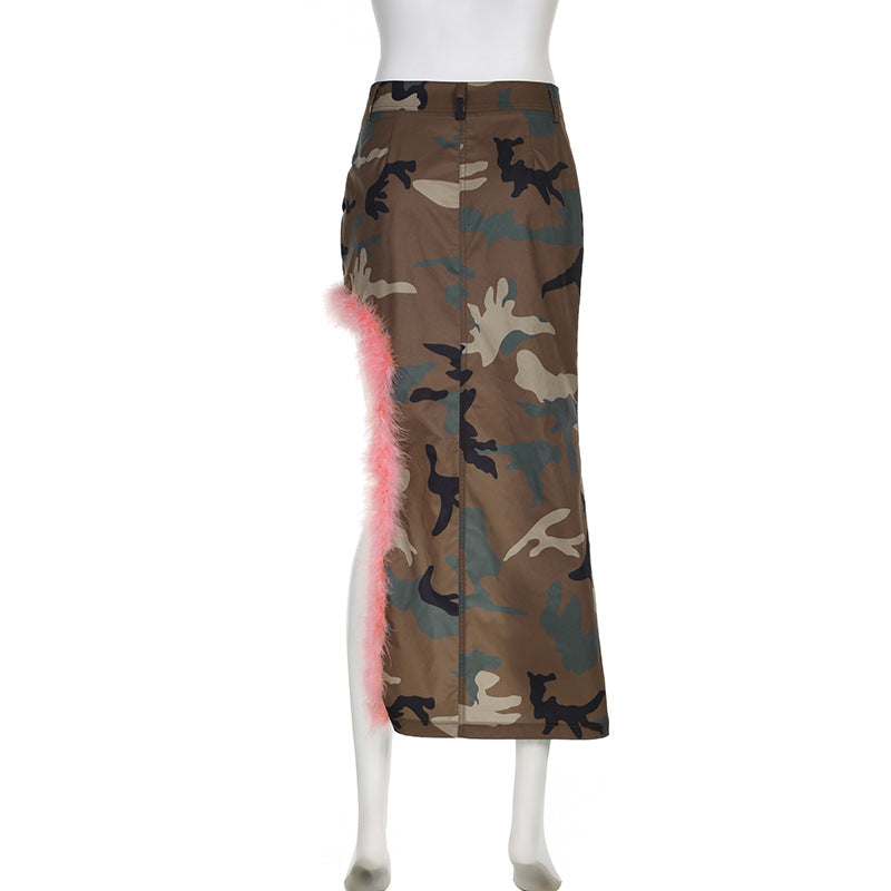 Women camouflage pink fur patchwork bevel irregular skirt 8
