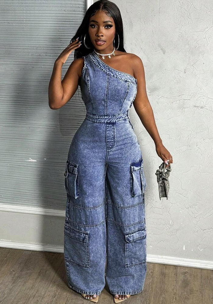 Women slash shoulder stretchy washed denim jumpsuit