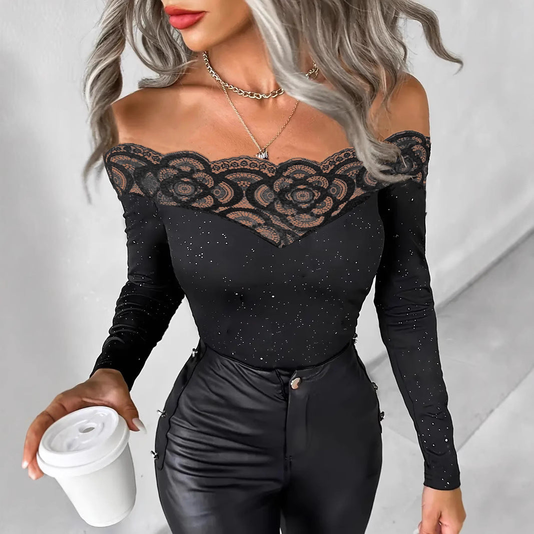 Women lace Off Shoulder sexy black long sleeve Top 4