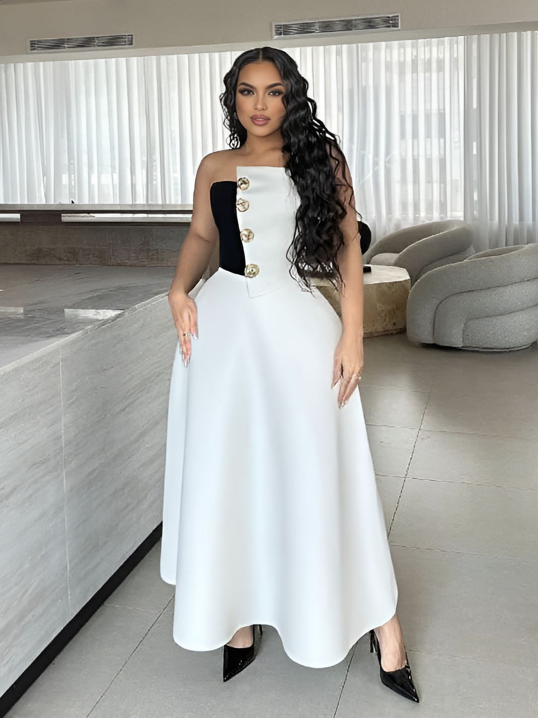 Color-Blocking Strapless Top High-Waist A-Line Skirt Elegant Formal Two-Piece Set 5