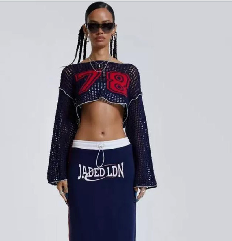 Women contrasting color Number mesh crop top 3