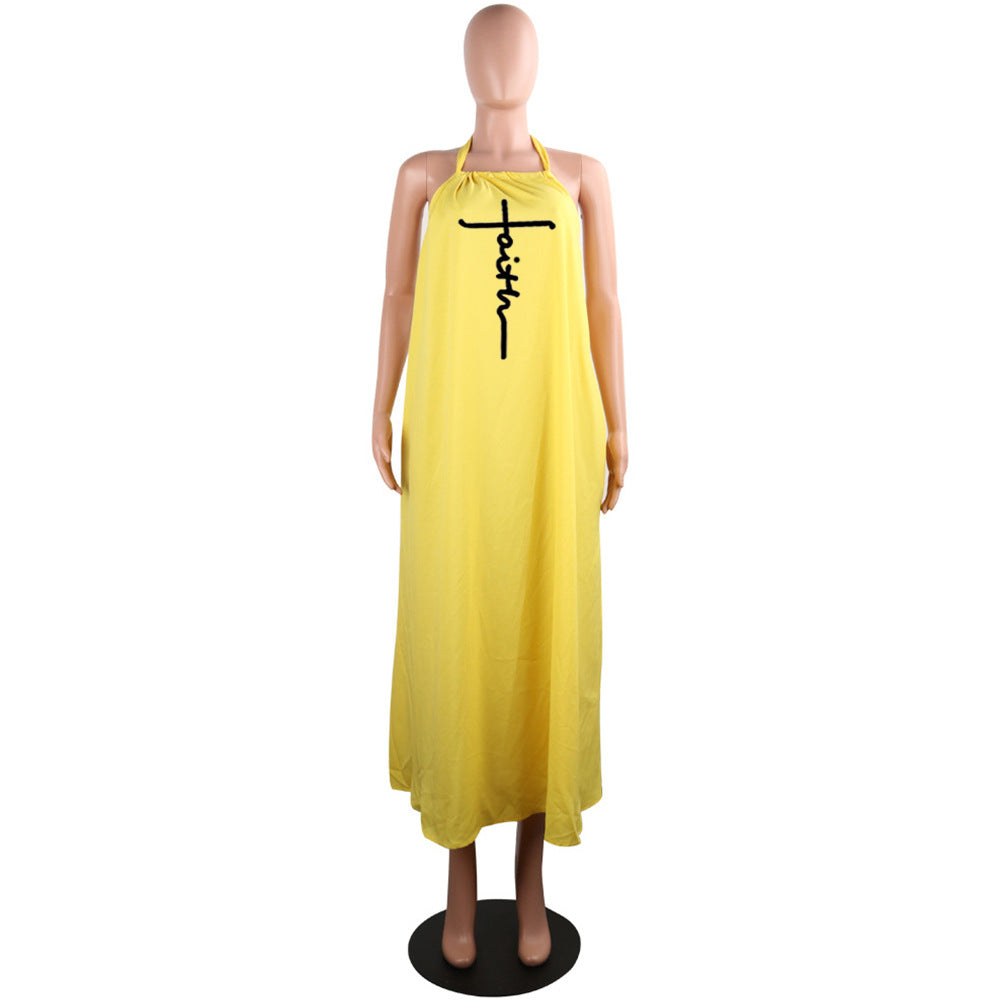 Women's Sling Loose Halter Print Boho Maxi Dress 22